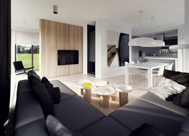 1architecture-interieure-moderne-salle-séjour-tables-basses-bois-canapé-gris-varsovie-tamizo architecture intérieure
