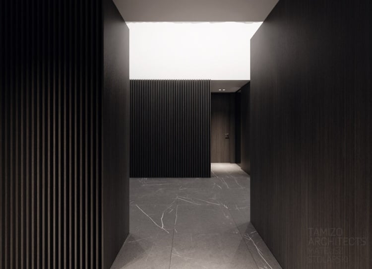 3architecture-interieure-moderne-panneaux-lattes-bois-sombre1-lodz-tamizo architecture intérieure
