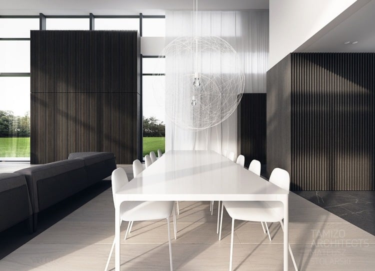 3architecture-interieure-moderne-table-manger-chaises-blanches-suspension-boue-blanche-lodz-tamizo architecture intérieure