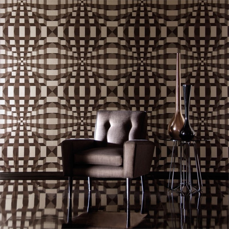 3papier-peint-design-motifs-géométriques-3d-marron-chocolat-fauteuil-marron-vases-harlequin papier peint design