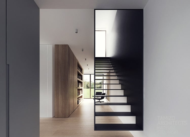 5architecture-interieure-moderne-escalier-droit-noir-construction-métal-plancher-bois-clair