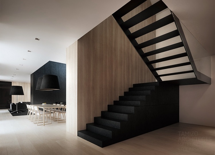 5architecture-interieure-moderne-escalier-droit-noir-minmaliste-panneau-mural-bois
