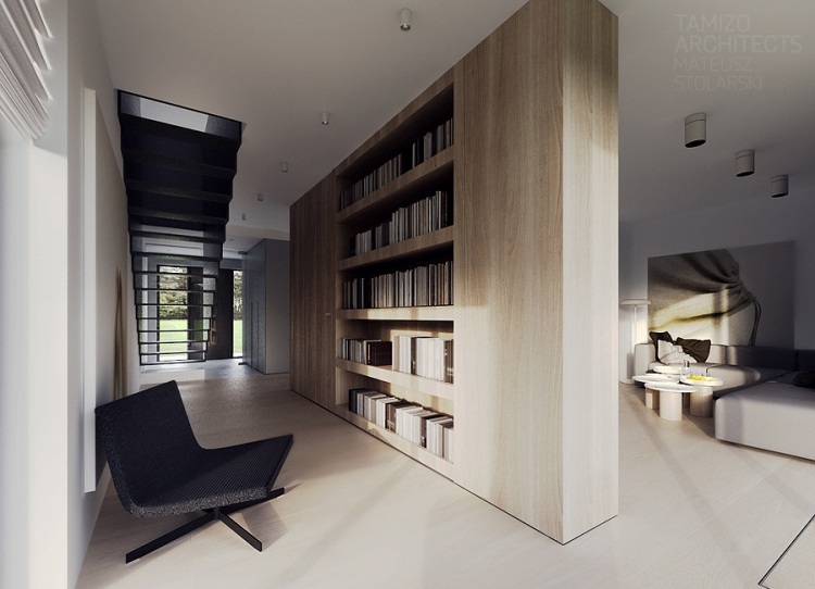 5architecture-interieure-moderne-paravent-bois-clair-bibliothèque-chaise-noire-escalier-droit architecture intérieure