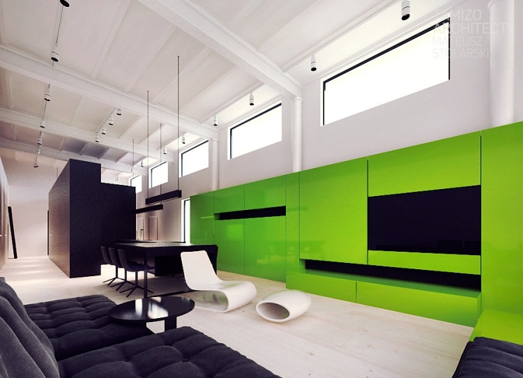 6architecture-interieure-moderne-loft-mur-accent-vert-fauteuil-blanc-canapé-noir-table-manger-kolo-tamizo architecture intérieure