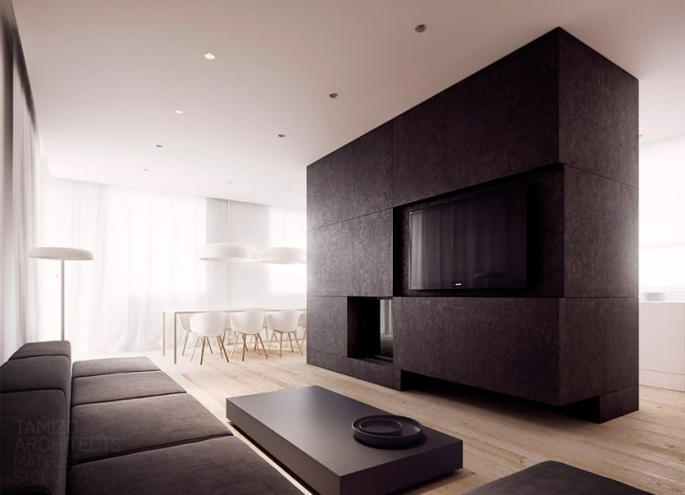6architecture-interieure-moderne-panneau-mural-tv-table-basse-noire-canapé-rembourré-lodz-tamizo architecture intérieure
