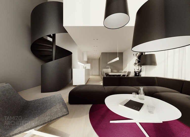6architecture-interieure-moderne-salon-escalier-colimaçon-tapis-rond-magenta-canapé-noir