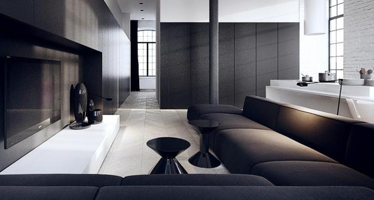 7architecture-interieure-moderne-salle-séjour-canapé-noir-tables-basses-peinture-murale-noir-mat