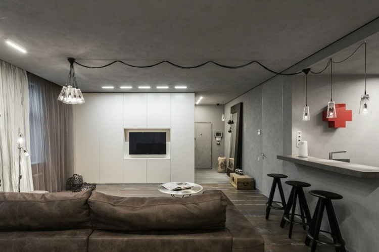 amenagement-studio-2-canapé-cuir-meuble-rangement-blanc-murs-béton-cuisine