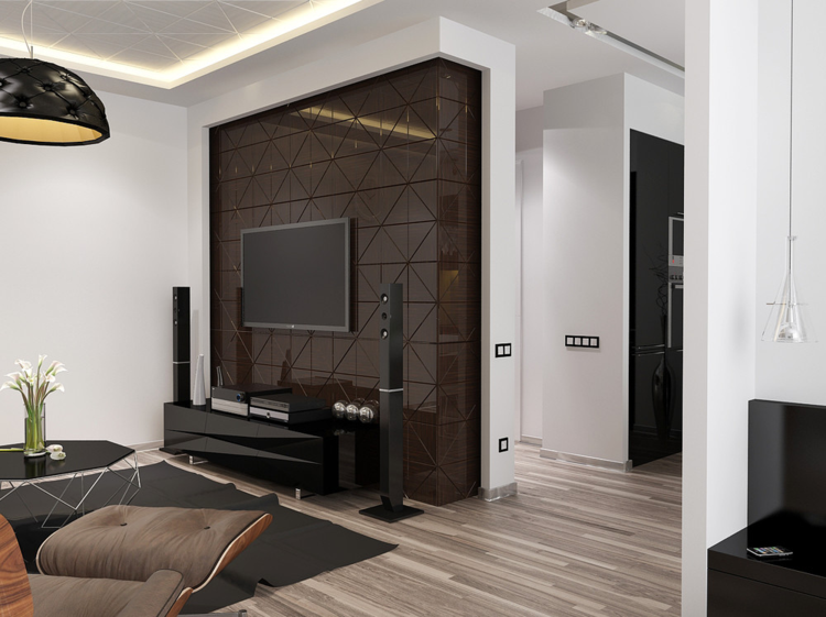 amenagement-studio-5-mur-accent-triangles-marron-commode-tapis-noir-fauteuil-relax aménagement petit studio