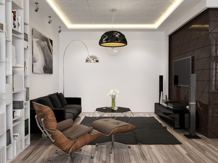 amenagement-studio-6-étagère-murale-canapé-tapis-noirs-suspension-éclairage-indirect-fauteuil-relax