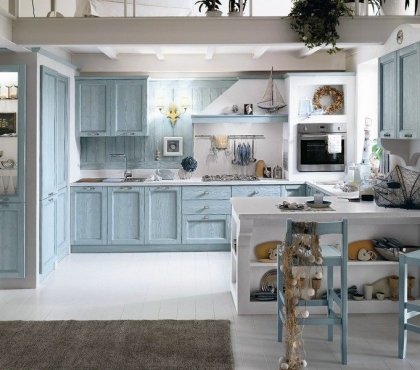 aménagement-de-cuisine- style-mediterranéen-armoire-rangement-turquoise-tabourets-hauts