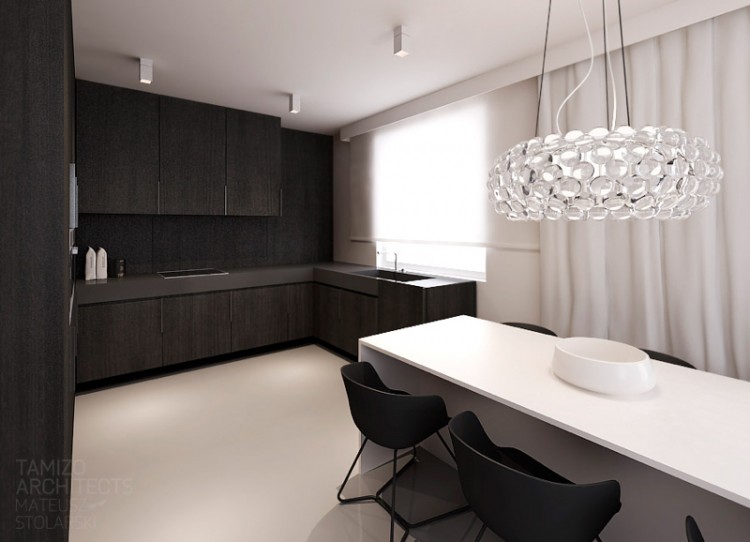 architecture intérieure -cuisine-minimaliste-armoires-bois-brun-foncé-table-blanche