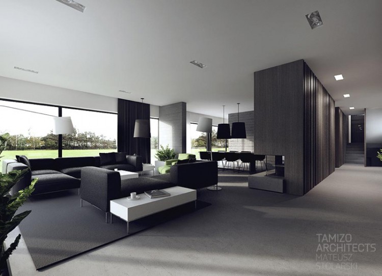 architecture intérieure -moderne-canapés-noirs-luminaire-noir-blanc