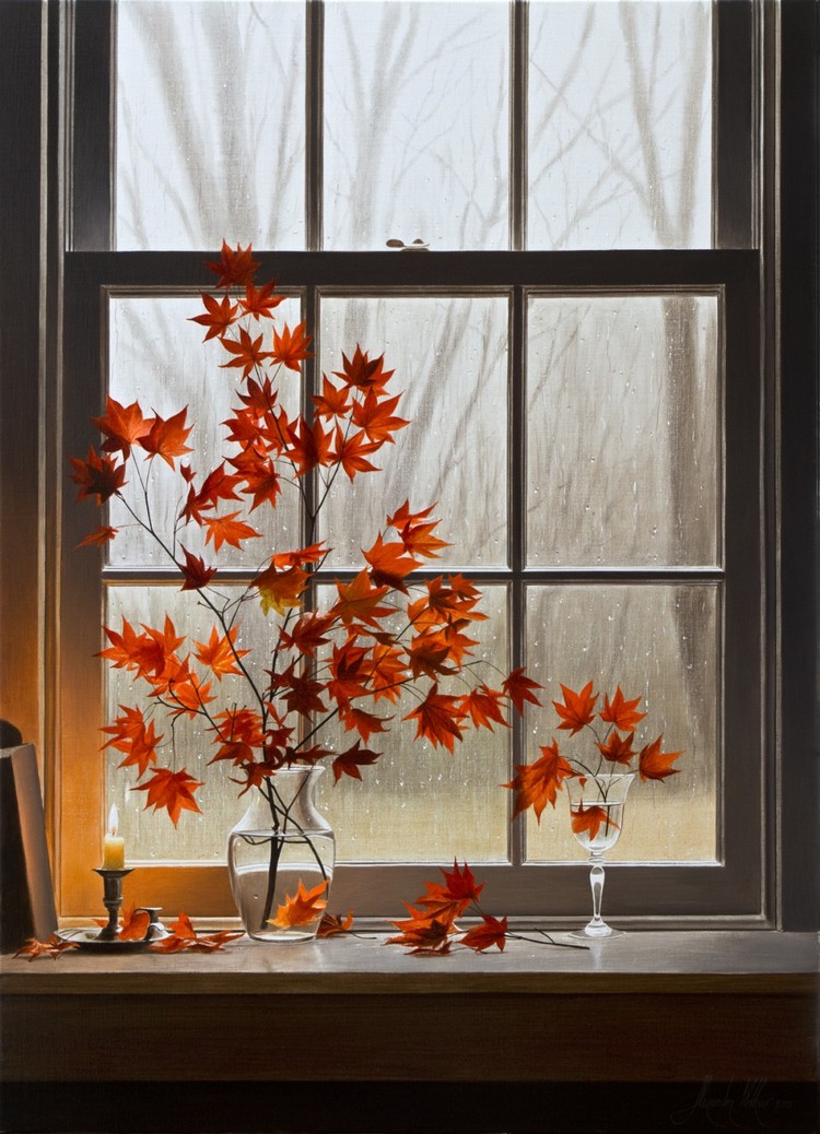 bricolage-facile-déco-fenêtre--feuilles-automne-bougie
