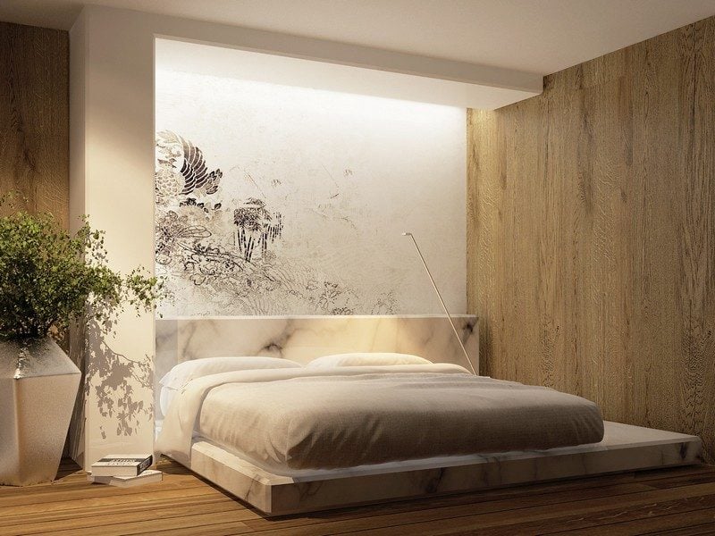 carrelage-sol-marbre-chambre-coucher-plateforme-lit-panneau-mural-bois
