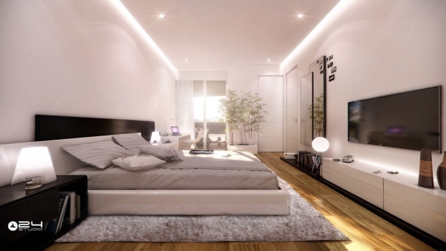 chambre-adulte-design-blanche-éclairage-indirect-literie-grise-meuble-tv-blanc-parquet chambre adulte design