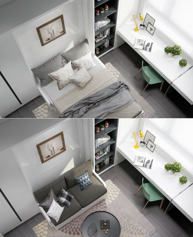 chambre-adulte-design-canapé-clic-clac-gris-chaise-verte-bureau-blanc chambre adulte design