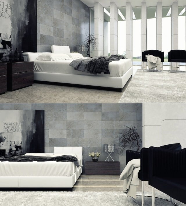 chambre-adulte-design-carrelage-mural-gris-tapis-gris-clair-fauteuils-noirs chambre adulte design