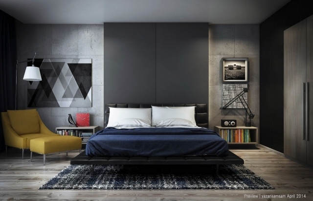 chambre-adulte-design-mur-aspect-béton-literie-bleu-blanc-tapis-original-fauteuil-jaune