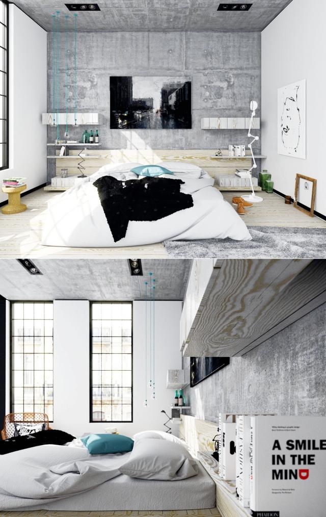 chambre-adulte-design-mur-béton-literie-blanche-tête-lit-rangement chambre adulte design