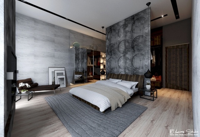 chambre-adulte-design-murs-aspect-béton-parquet-tapis-gris