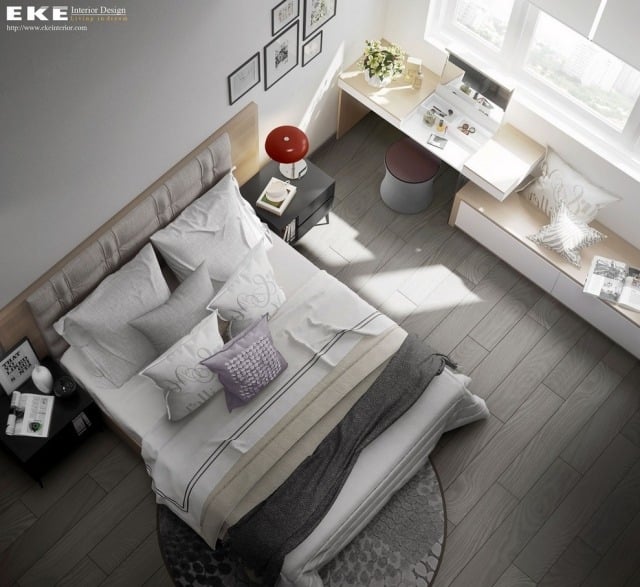 chambre-adulte-design-parquet-grisâtre-meuble-bureau-bois-clair-tapis-rond