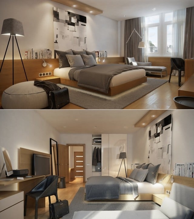 chambre-adulte-design-revêtement-bois-clair-parquet-lampadaire-tripode-tapis-gris chambre adulte design