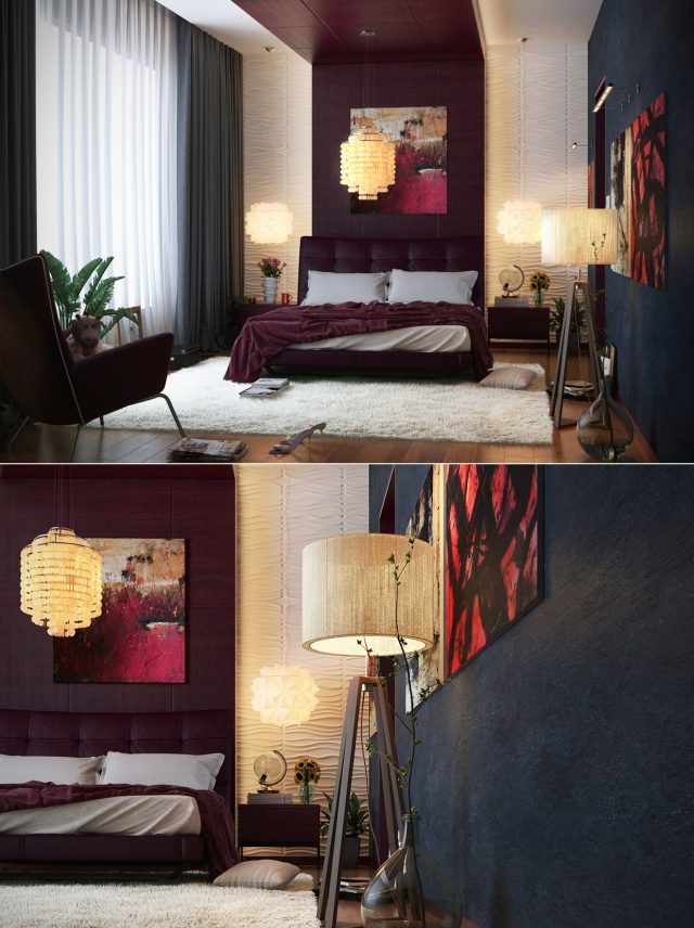 chambre-adulte-design-tête-lit-cuir-tableaux-rouges-lampadaire-tripode-suspension chambre adulte design