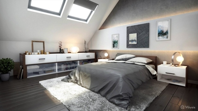 chambre-adulte-design-éclairage-indirect-mur-aspect-béton-meuble-rangement-vitré-tapis-shaggy