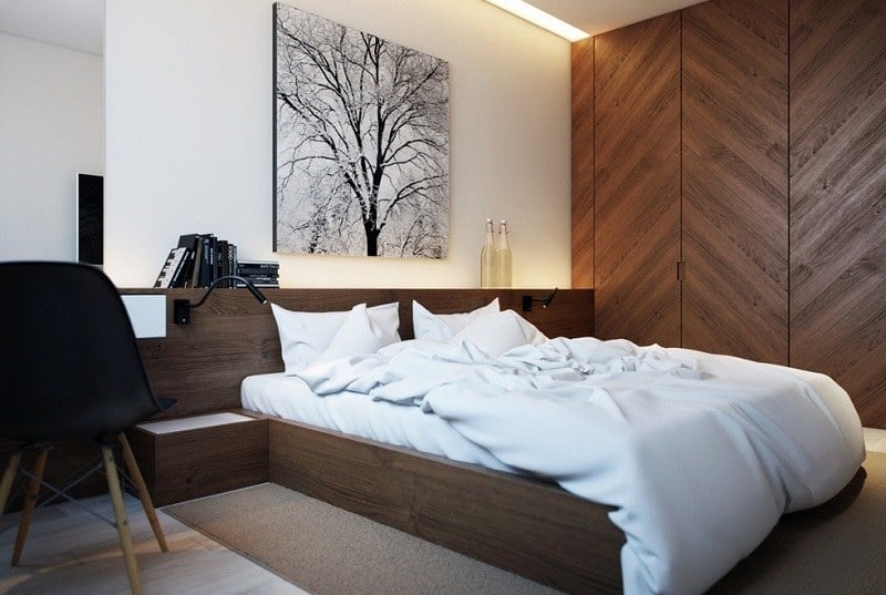 chambre-coucher-moderne-armoire-bois-massif-lit-bois-chaise-eames-noire