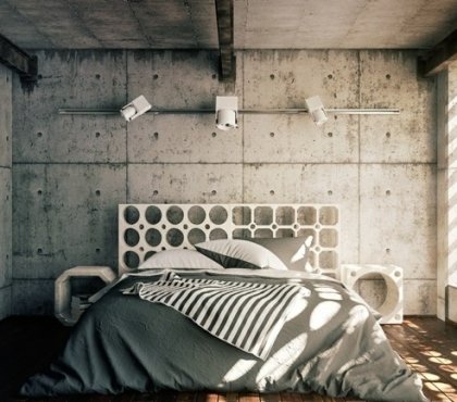 chambre-coucher-moderne-cadre-fenêtre-tête-lit-perforés-mur-plafond-béton-exposé