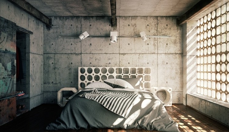 chambre-coucher-moderne-cadre-fenêtre-tête-lit-perforés-mur-plafond-béton-exposé chambre à coucher moderne