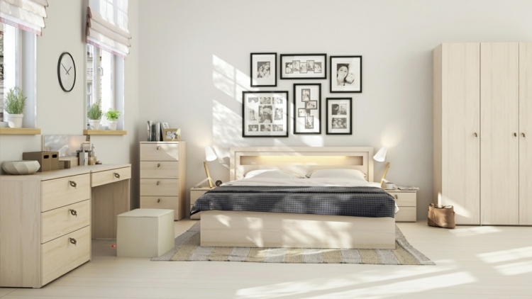 chambre-coucher-moderne-lit-armoire-bureau-bois-clair-photos-cadres-noirs