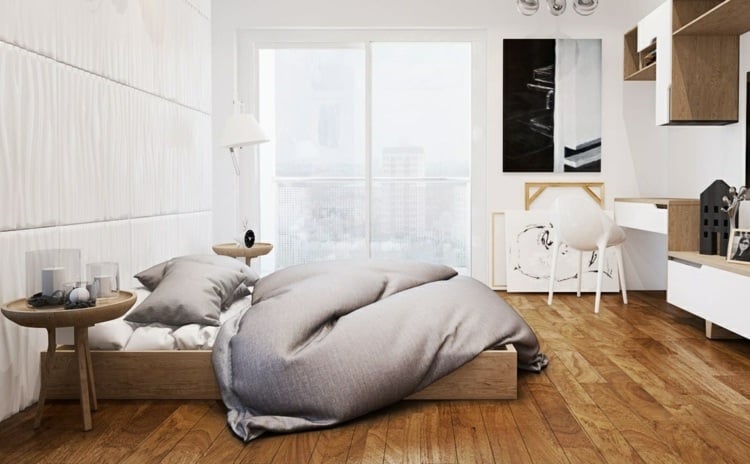 chambre-coucher-moderne-lit-bas-bois-literie-gris-blanc-tête-lit-rembourrée-commode-bois