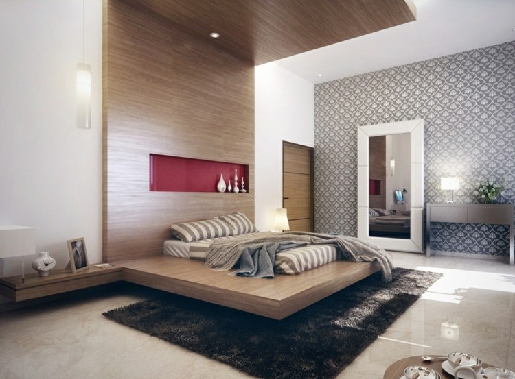 chambre-coucher-moderne-lit-plate-forme-bois-papier-peint-gris-tapis-shaggy