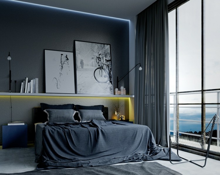 chambre-coucher-moderne-monochrome-gris-foncé-éclairage-indirect-led chambre à coucher moderne