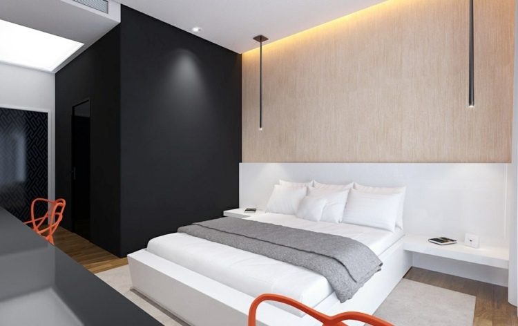 chambre-coucher-moderne-panneau-mural-bois-clair-peinture-murale-noire-accents-gris-rouges chambre à coucher moderne