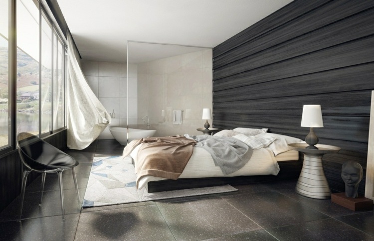 chambre-coucher-moderne-panneau-mural-bois-sombre-carrelage-grand-format