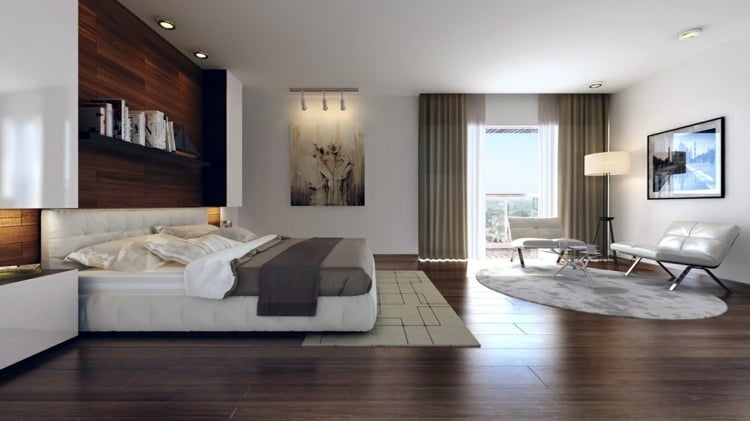 chambre-coucher-moderne-panneau-mural-bois-sombre-coin-salon-tapis-gris chambre à coucher moderne