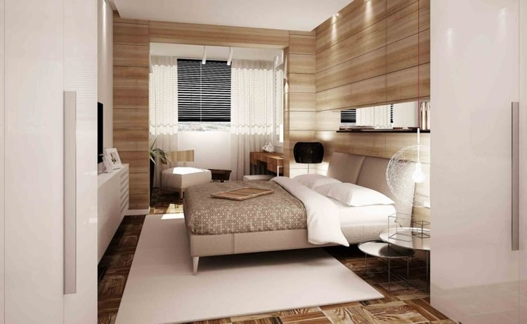chambre-coucher-moderne-panneau-mural-bois-tapis-blanc-suspension-boule chambre à coucher moderne