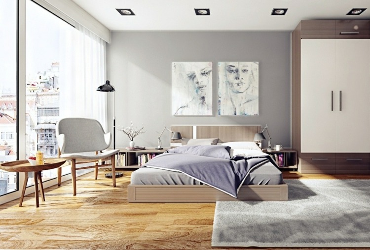 chambre-coucher-moderne-peinture-grise-tableau-blanc-literie-grise-armoire-bois