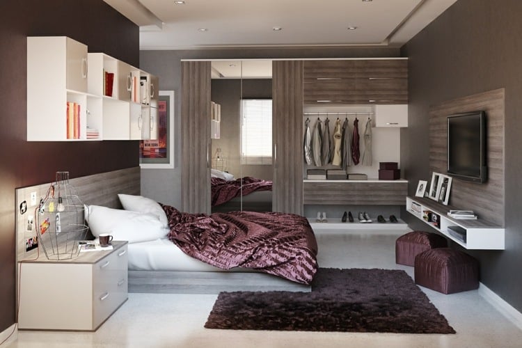 chambre-coucher-moderne-peinture-murale-marron-couverture-lit-bordeaux-armoire-dressing chambre à coucher moderne