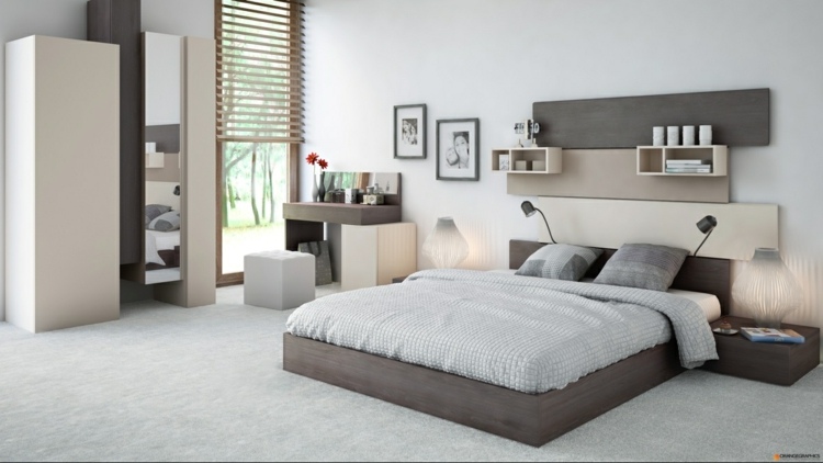 chambre-coucher-moderne-tête-lit-bois-armoires-bois-clair-sombre chambre à coucher moderne