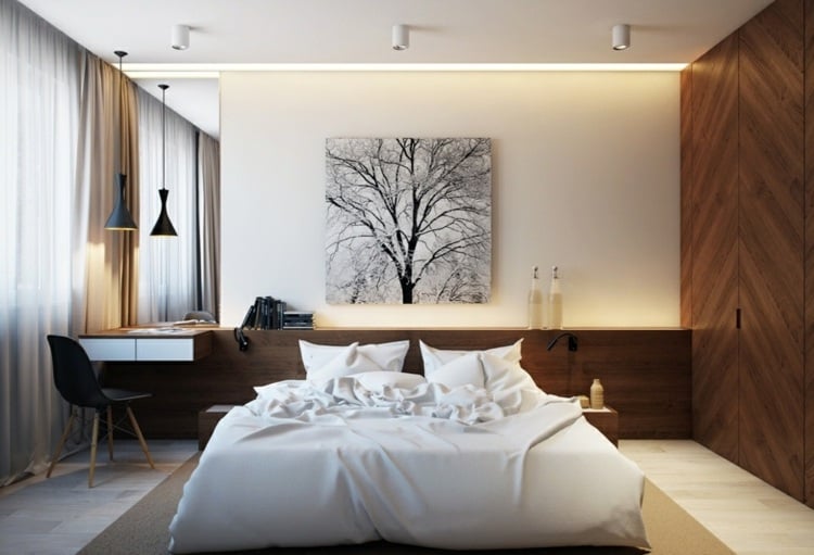 chambre-coucher-moderne-tête-lit-bureau-armoire-bois-suspension-chaise-noire chambre à coucher moderne