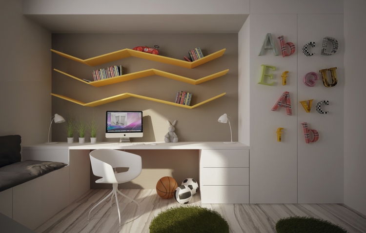 chambre-enfant-blanche-etageres-murales-jaune-armoire-rangement-bureau-chaise-blanche