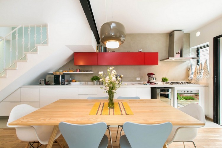 couleur-cuisine-armoires-façade-blanche-rouge-hotte-métal-table-manger-bois-clair couleur pour cuisine