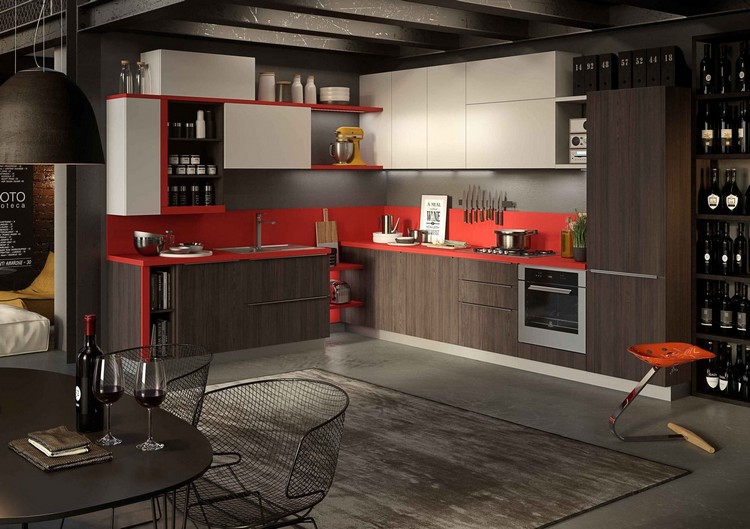 couleur-cuisine-façade-armoire-noyer-blanche-crédence-rouge couleur pour cuisine