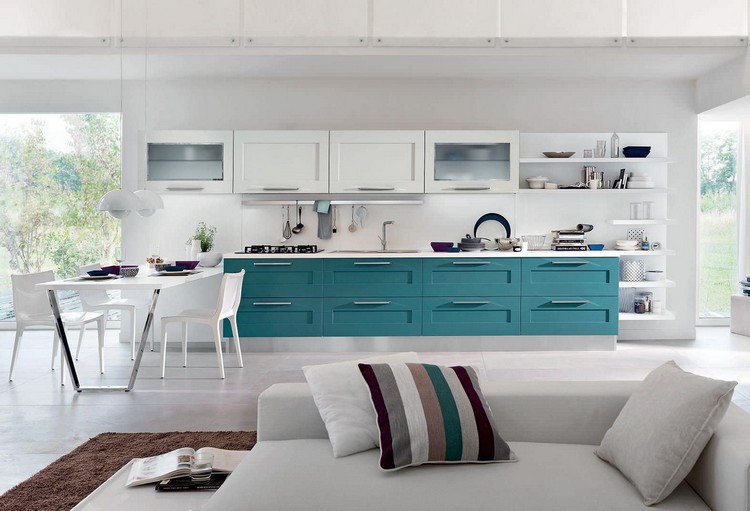 couleur-cuisine-peinture-murale-blanche-façade-armoires-blanc-nuance-vert-bleu couleur pour cuisine