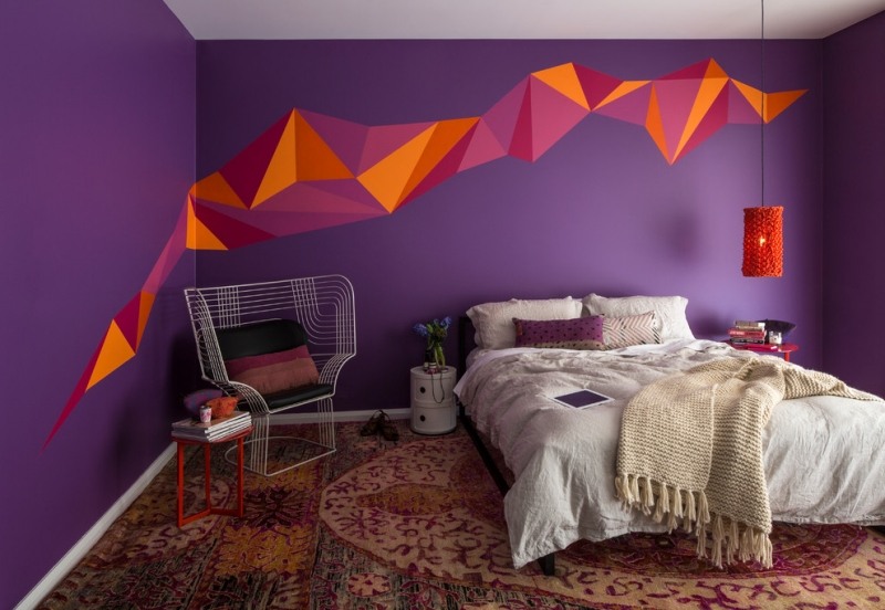 couleur-peinture-chambre-pourpre-motifs-géométriques-orange-magenta couleur peinture chambre