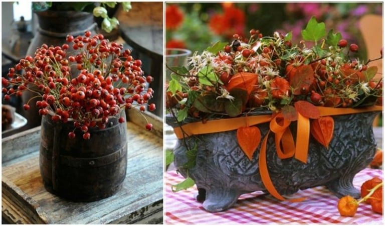 deco-automne-centre-table-baies-rouges-physalis-ruban-orange déco d’automne